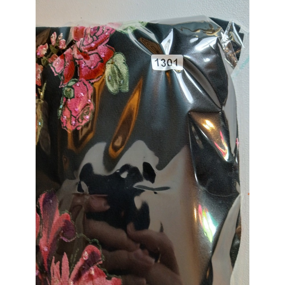 VTg y2k Bias Cut Black Dark Pink Floral Rose Midi Dress Beaded V-Neck sz 8 - Picture 12 of 12